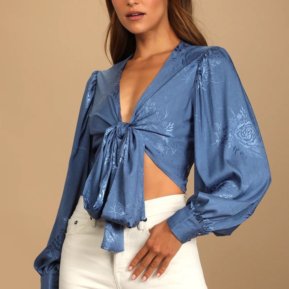 Lulu's Highly Iconic Blue Satin Jacquard Tie-Front Crop Top Small